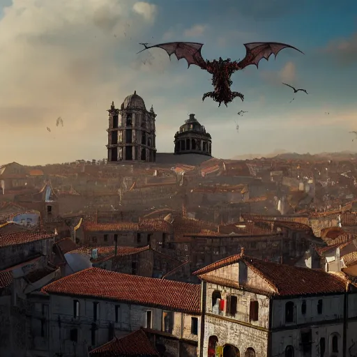 Image similar to the monumental city of caceres with smaug flying over it, dramatic lighting, cinematic, extremly high detail, photorealistic, cinematic lighting, post processed, concept art, artstation, matte painting, style by greg rutkowsky