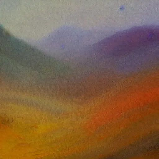 Prompt: impressionistic oil painting of rainbow - hued fog over a valley