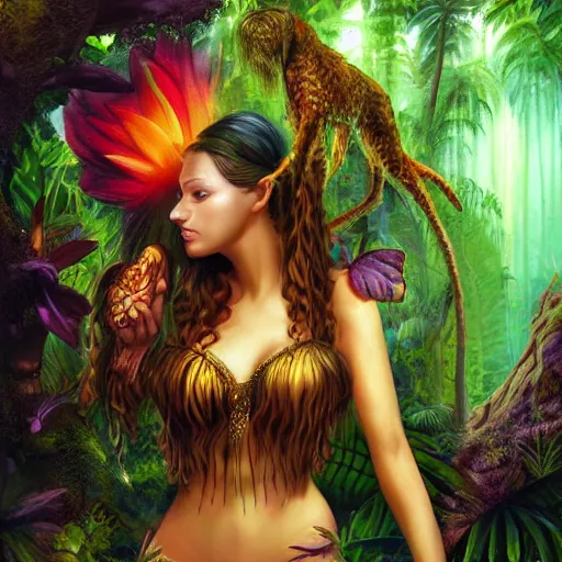 Image similar to beautiful jungle woman in the rainforest 3 - d 8 k resolution, concept art, detailed matte painting, digital art, artstation, amazing background, devianart, digital illustration, colorful lovely dreamscape in soft colors storybook illustration by anne stokes,