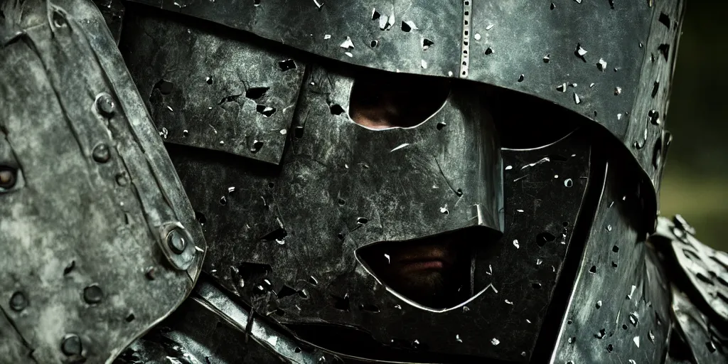 Image similar to film still of closeup the knight in shattered armor holds a bleeding heart by emmanuel lubezki