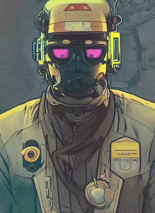 Prompt: cyberpunk traffic cop. portrait by ashley wood and alphonse mucha and laurie greasley and josan gonzalez and james gurney. spliner cell, apex legends, rb 6 s, hl 2, d & d, cyberpunk 2 0 7 7. realistic face. vivid color. dystopian setting.