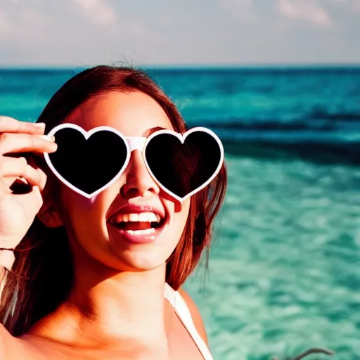 Prompt: a picture of a cute girl with sunglasses and a closed mouth on the beach taking a selfie with heart emojis floating in the air