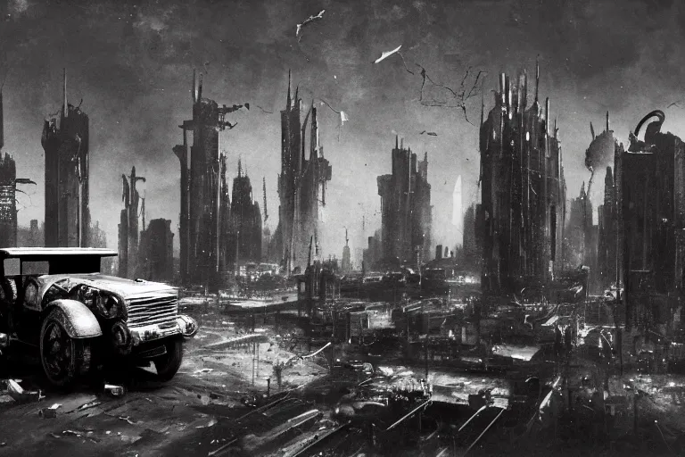 Image similar to cyberpunk 1 9 0 8 model ford t by paul lehr, beksinski, metropolis, parked by view over city, vintage film photo, robotic, silent movie, black and white photo, damaged photo