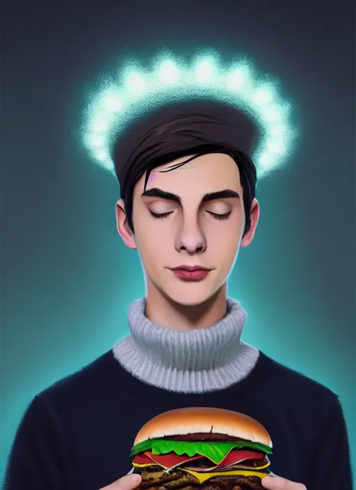 Image similar to portrait of teenage jughead jones wearing a light grey crown, crown, eating hamburger, blue turtleneck, eyes closed, crown, black hair, intricate, elegant, glowing lights, warm lighting, highly detailed, digital painting, artstation, concept art, smooth, sharp focus, illustration, art by wlop, mars ravelo and greg rutkowski