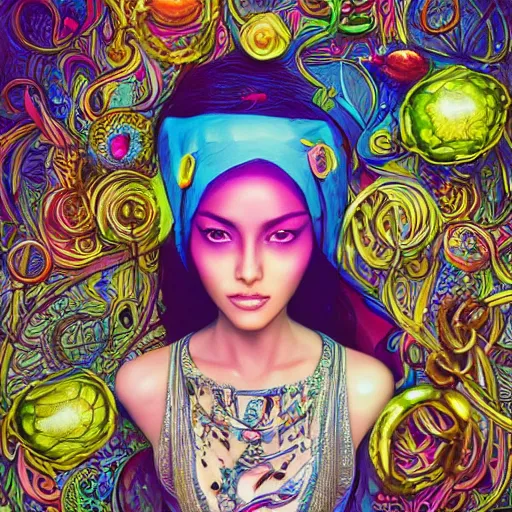 Image similar to the face of a ridiculously beautiful and pretty arab woman partially made of onion rings of all colors looking down, an ultrafine detailed illustration by james jean, final fantasy, intricate linework, bright colors, behance contest winner, vanitas, angular, altermodern, unreal engine 5 highly rendered, global illumination, radiant light, detailed and intricate environment