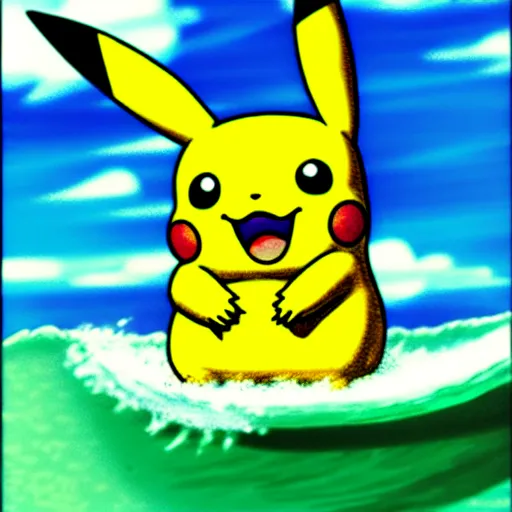 Image similar to pikachu surfing on a wave made of green slime, pokemon tcg image, trending on artstation