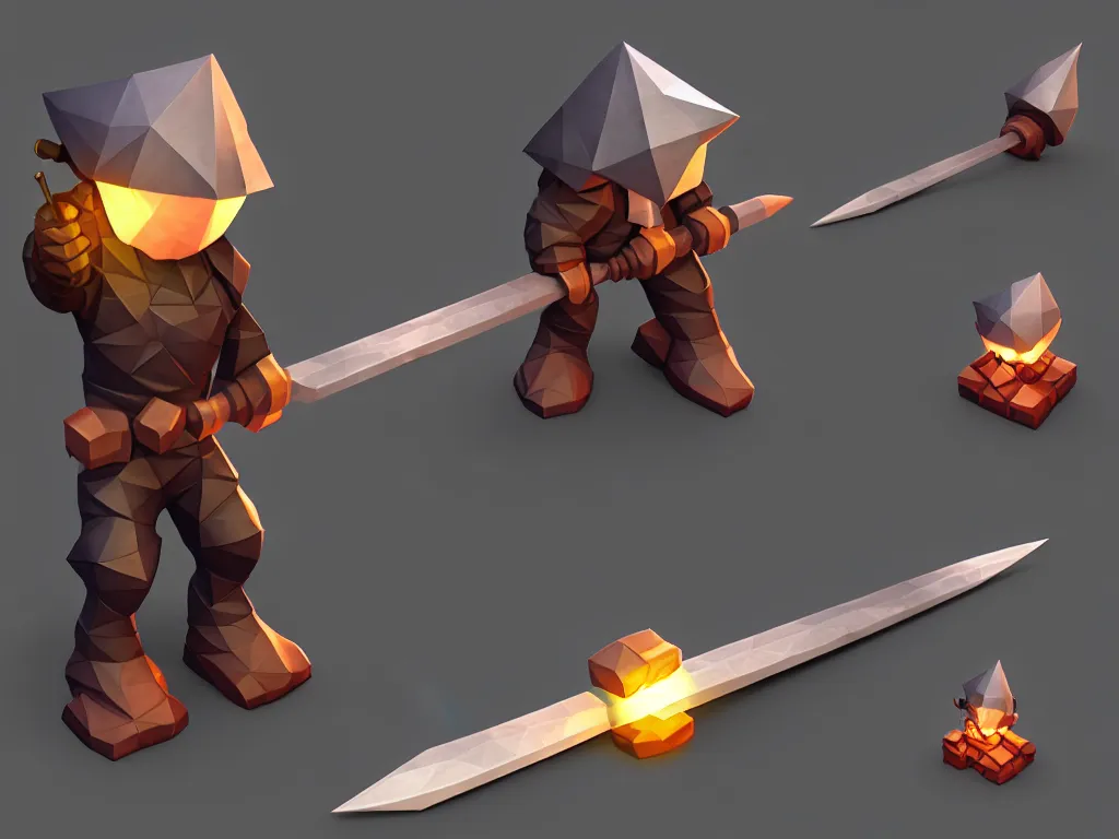 Image similar to blacksmith hammer, 3 d, object, low poly, lightning, mobile game, cute, illustration, d & d, twilight ray