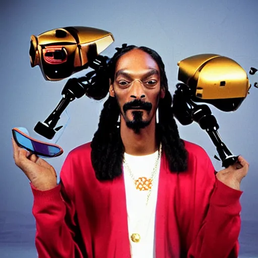 Image similar to Snoop Dogg holding two futuristic robots for a 1990s sitcom tv show, Studio Photograph, portrait, C 12.0
