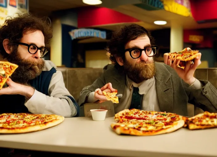 Prompt: charlie kaufman with a beard and glasses eating pizza at chuck - e - cheese, dramatic lighting, moody film cinematic still from eternal sunshine ( 2 0 1 8 ), 3 5 mm kodak color stock, 2 4 mm lens, directed by spike jonze