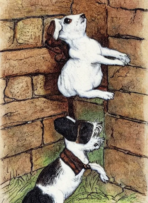 Image similar to jack russel terrier balancing on brick wall, illustrated by peggy fortnum and beatrix potter and sir john tenniel