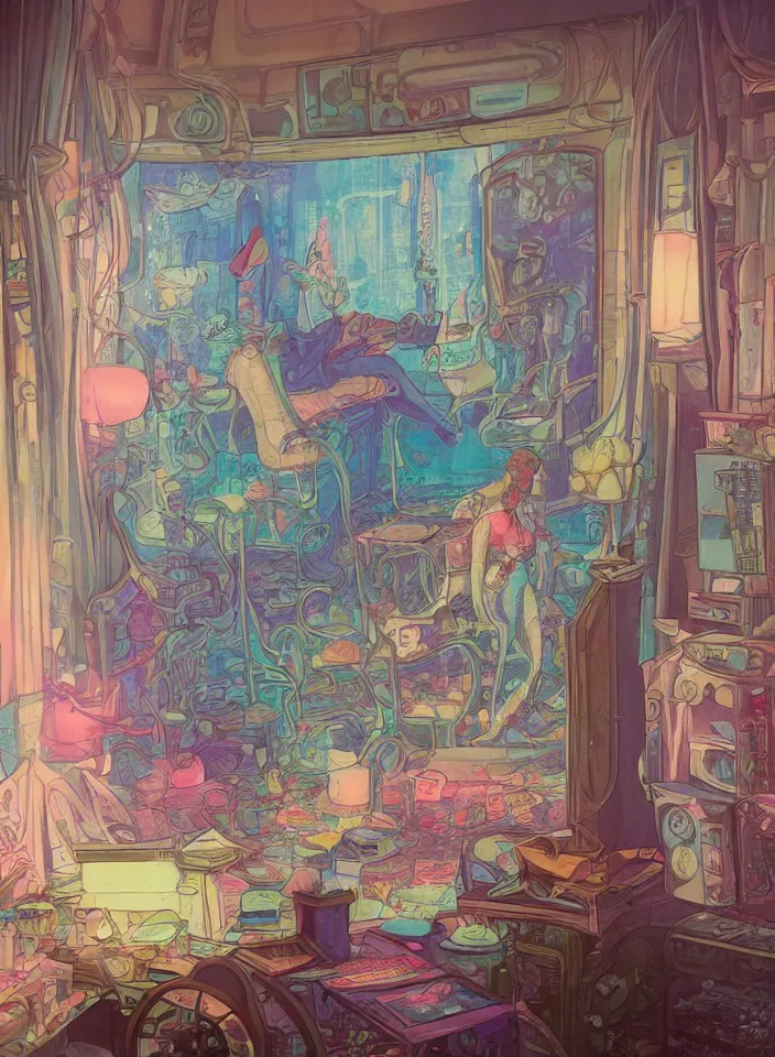 Image similar to telephoto 7 0 mm f / 2. 8 iso 2 0 0 photograph depicting the feeling of chrysalism in a cosy safe cluttered french sci - fi ( ( art nouveau ) ) cyberpunk apartment in a pastel dreamstate art cinema style. ( person relaxing living room ) ( ( fish tank ) ), ambient light.