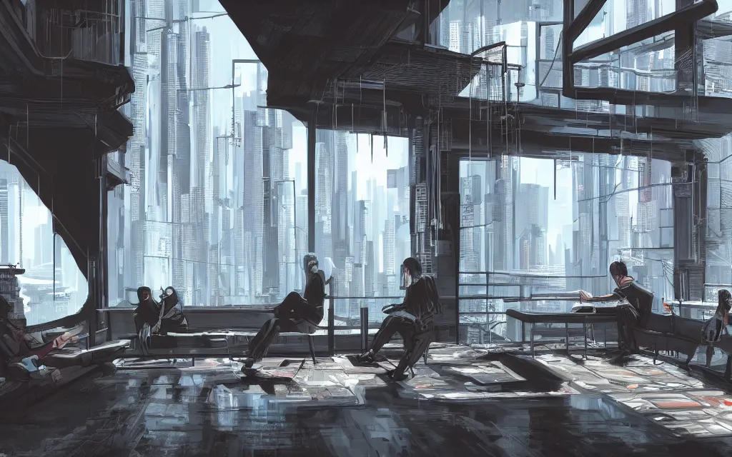 Image similar to cyberpunk loft lounge with tall windows without people with city in background, drawn by feng zhu