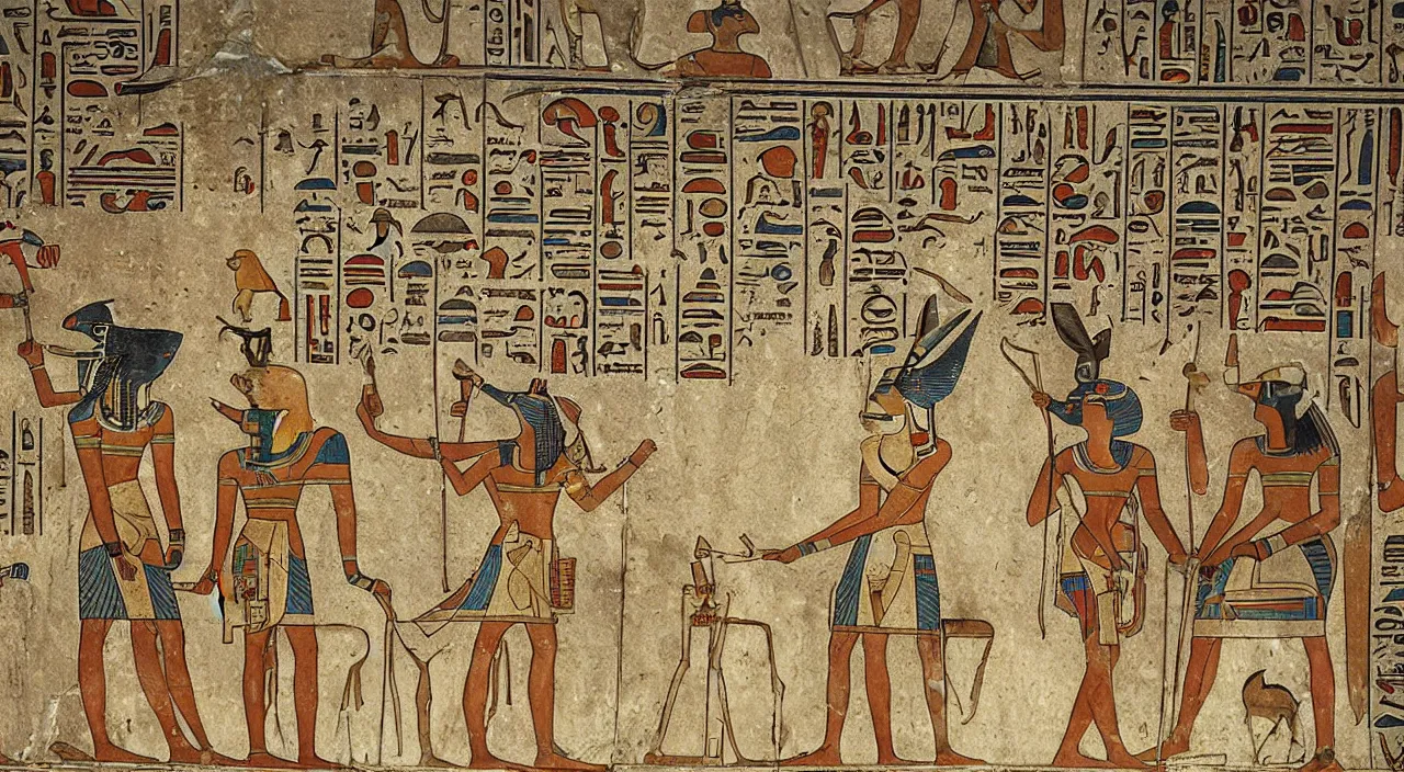 Prompt: egyptian animal gods looking for wifi, ancient egyptian murals.