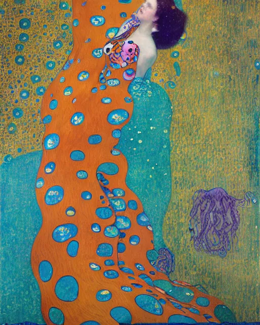 Prompt: a beautiful girl underwater wearing a colourful octopus as a dress and surrounded by colourful jellyfish, painted by gustave klimt, edgar maxence, edward hopper, wayne barlowe, james gilleard and james jean