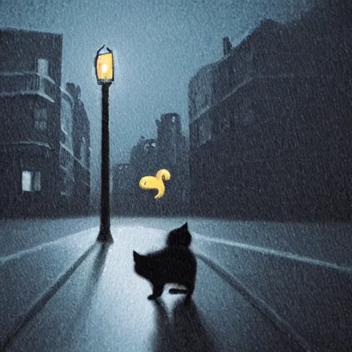 Prompt: cat on a wet street with glowing quest marker above, night time