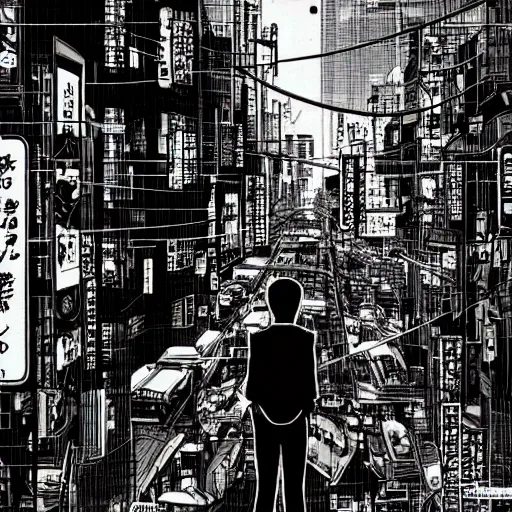 Image similar to tokyo dystopia, manga art style, gloomy, cyborgs