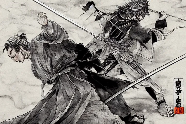 Image similar to epic and cinematographic samurai duel, by takehiko inoue and Hiroshi Hirata