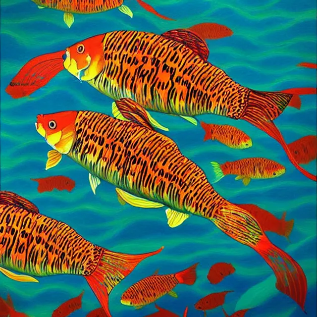 Image similar to a beautiful painting carp swim in the fire, by kusama miyama realistic oil painting