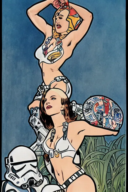 Prompt: female in white bikini with tattoos and stormtrooper helmet, well composed, clean elegant painting, beautiful detailed face. comic book art by steve ditko and jack kirby and ( alphonse mucha )