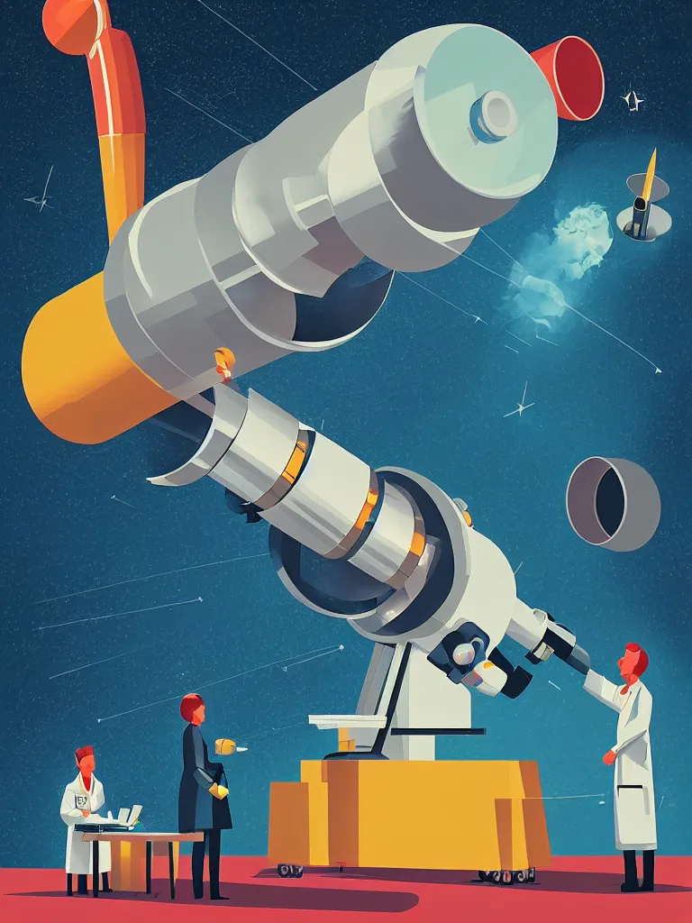 Prompt: editorial illustration scientific lab test tube telescope microscope spaceship, dynamic composition, detailed, matte print, dynamic perspective, colorful modern, mads berg