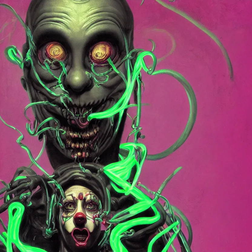 Prompt: baroque neoclassicist close - up portrait of a retrofuturistic blacklight dark alien horror clown dripping in glowing toxic slime. dark black background, glowing circus atmosphere. highly detailed science fiction painting by norman rockwell, frank frazetta, and syd mead. rich colors, high contrast, gloomy atmosphere. trending on artstation and behance.