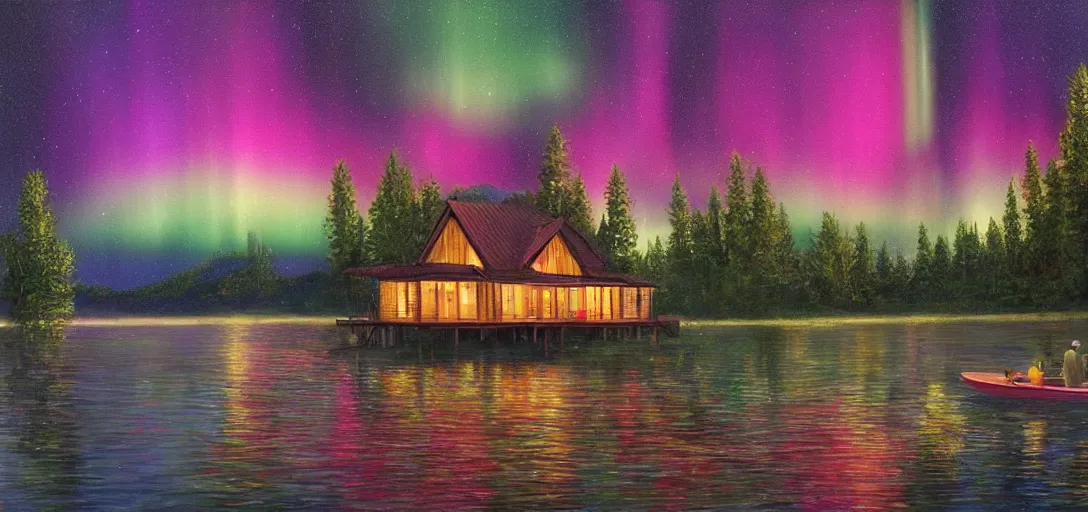 Prompt: a big cozy cabin floating in the lake, people fishing from a beautiful terrace, night, rainbow aurora, classic painting, award winning, highly detailed