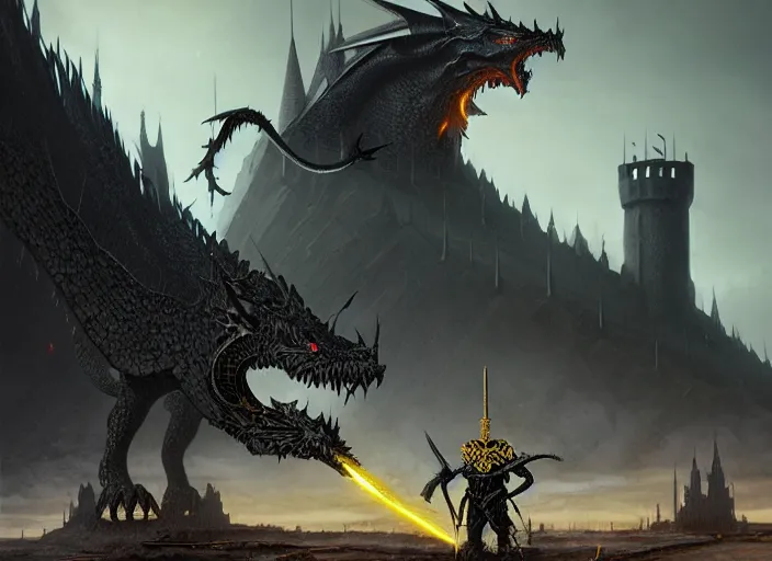 Prompt: giant monstrous black and gold aggressive dragon lurking over a valiant, white-armored man with a gleaming sword, in the foreground a small castle, epic science fiction horror digital matte painting by Simon Stalenhag and Mark Brooks (and Greg Rutkowski), extremely detailed, artstation