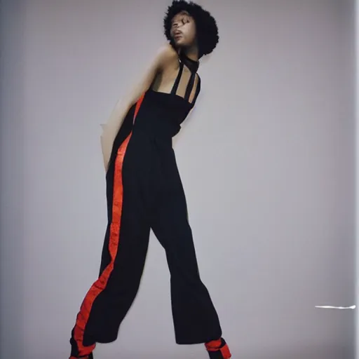 Image similar to realistic photoshooting for a new balenciaga lookbook, color film photography, portrait of a beautiful woman, woman is wearing a jumpsuit, in style of Tyler Mitchell, 35mm,