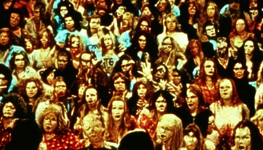 Prompt: 7 0 s film still from a horror movie of the price is right audience filled with zombies, kodachrome, cinecolor, cinestill, photorealism, cinematic, film grain, film texture, vhs recording