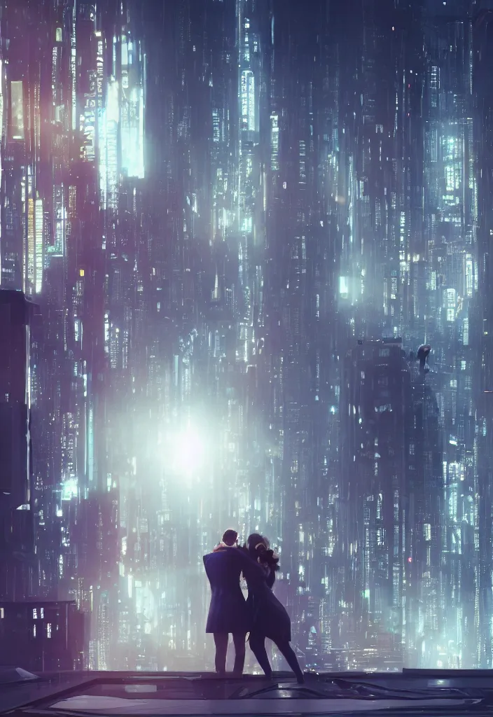 Image similar to she hug her husband that is sitting at his futuristic desk, lovely couple, blade runner style, hyper-realistic, octane render, realistic, real, sad, a couple consoling one another, strong woman, sad men, cinematic, 8k, very intricate, futuristic city behind the window, night