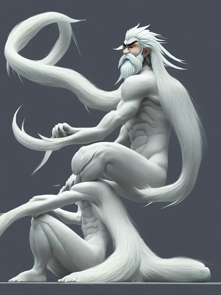 Image similar to the whole body of fuxi in chinese mythology, long white hair, long white beard, animation style, in style of makoto shinkai, raphael lacoste, kind and solemn, sit on the ground, 3 d render, hyper detailed, 4 k hd