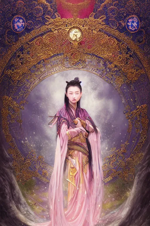 Prompt: beautiful ancient fantasy portrait of wuxia heroine wearing like Xian Xia wardrobe, in forbidden City, hybrid from Dynasty Warriror, flowers sea rainning everywhere, intricate, very very beautiful, elegant, highly detailed, digital painting, beautiful glowing galaxy eyes, artstation, fantasy concept art, smooth, sharp focus, illustration, art by tian zi and alphonse mucha and WLOP