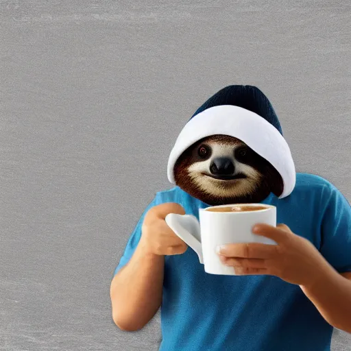 Prompt: An adorable baby sloth in a beanie working at his job as a computer programmer, drinking a cup of coffee, 4k photograph