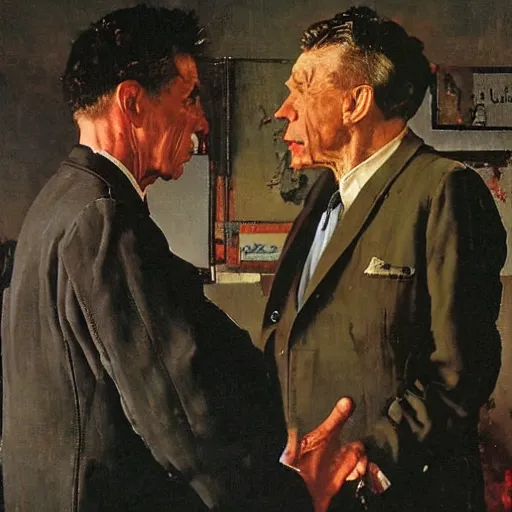 Image similar to an oil painting of two gentlemen arguing , by Norman Rockwell