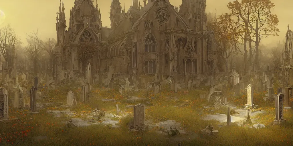 Image similar to an ultra detailed animation of a graveyard at midnight, digital art, dark fantasy, concept art, soulslike, by alphonse mucha, blood moon eclipse, ruined building in the background, artstation, 8 k, unreal engine render