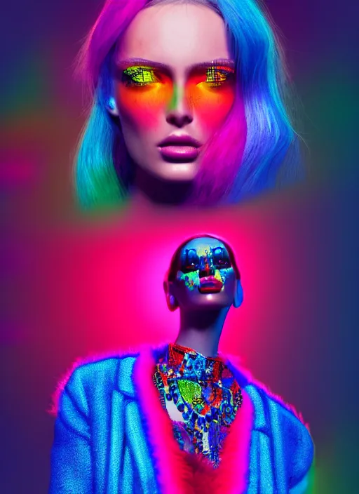 Image similar to stylish coat for a rave, bright colors, many details, prints, photo for a magazine, photo for a store, fashion photography, Vogue, 135 mm, cinematic, hyper realism, high detail, octane render, 8k, chrome accents, very coherent symmetrical artwork, perfect face model, full length photo, Upper and lower body, light skin tone