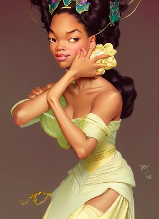 Prompt: portrait of disney tiana, intricate, elegant, highly detailed, my rendition, digital painting, artstation, concept art, smooth, sharp focus, illustration, art by artgerm and greg rutkowski and alphonse mucha and uang guangjian and gil elvgren and sachin teng, symmetry!!