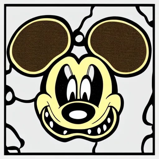 Image similar to animatronic mickey mouse head, graffiti, time shift, mesh distortion, warped, wet, melting, mutating, radiant alien