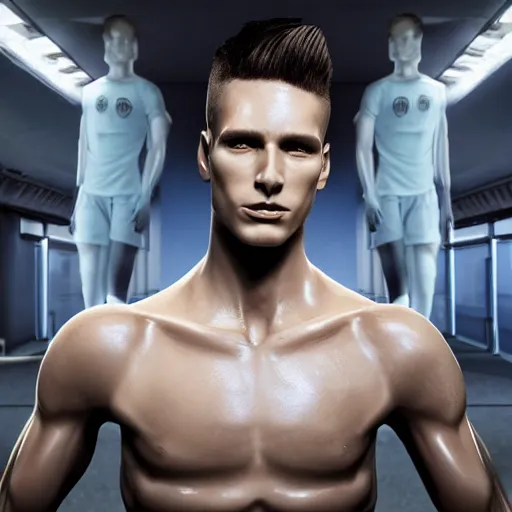 Prompt: a realistic detailed photo of a guy who is an attractive humanoid who is half robot and half humanoid, who is a male android, attractive and handsome soccer players, shiny skin, posing like a statue, blank stare, in a factory, on display, showing off his muscles, wearing soccer shorts, side view, looking at each other mindlessly