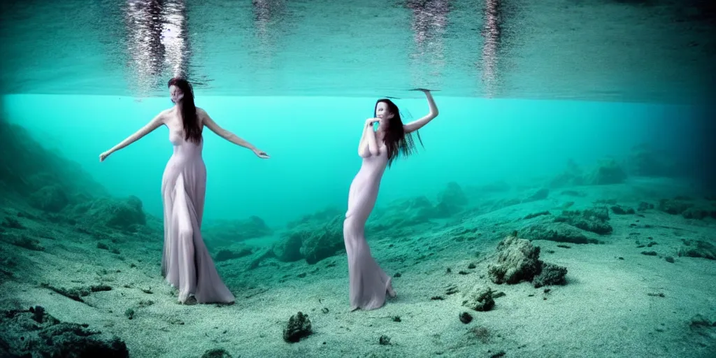 Image similar to deep underwater photography of beautiful model in flat dress by emmanuel lubezki