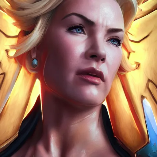 Image similar to a screenshot of arnold schwarzenegger as mercy in overwatch, angel wings, halo, portrait, fantasy, beautiful face, vivid colors, elegant, concept art, sharp focus, digital art, hyper - realistic, 4 k, unreal engine, highly detailed, hd, dramatic lighting by brom, trending on artstation