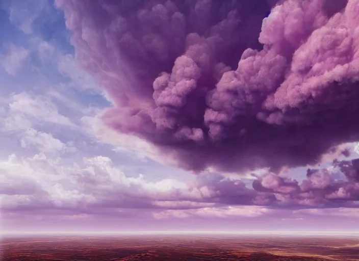 Image similar to hyperrealism, detailed textures, photorealistic 3 d render, a dreamy purple cloud scape above the aticama desert, sharp focus, ultra realistic, ultra high pixel detail, cinematic, intricate, cinematic light, concept art, illustration, art station, unreal engine 8 k