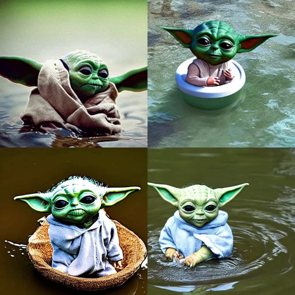 Prompt: a cute baby yoda floating on water.