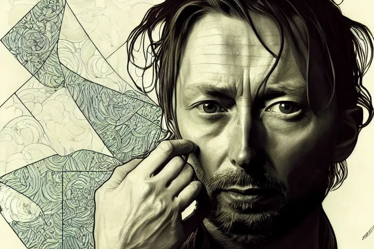 Image similar to hyper realistic portrait of thom yorke singer songwriter, side, opening a door, reflections, by lee bermejo, alphonse mucha and greg rutkowski