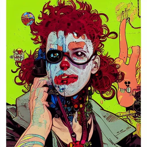 Image similar to cyberpunk clown cyborg portrait, illustration, pop art, splash painting, art by geof darrow, ashley wood, alphonse mucha, makoto shinkai