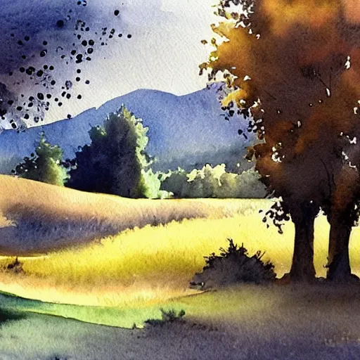 Prompt: beautiful countryside in watercolor painting
