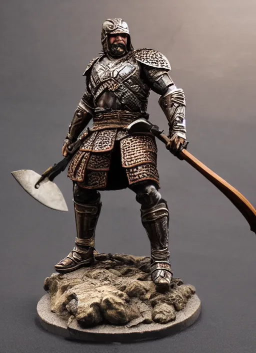 Prompt: 80mm resin detailed miniature of a Muscular Warrior, clothed in armor, battle axe, Product Introduction Photos, 4K, Full body