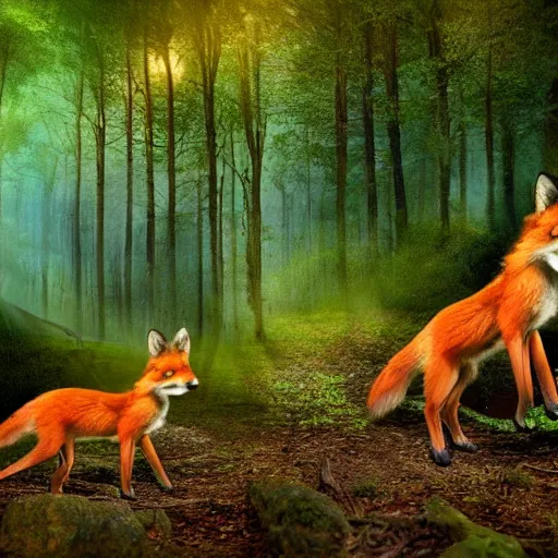 Image similar to an enchanting forest, foxes stand on their hind legs, look at the sky and wave goodbye with their forelegs. there is a purple unidentified flying object in the sky. fantasy. realistic photo. very clear shots.