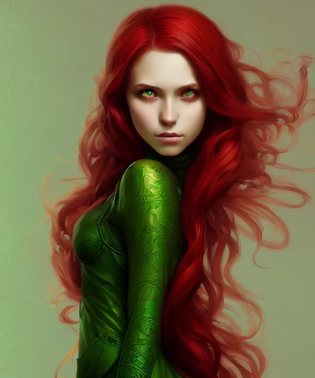 Prompt: Fae teenage girl, portrait, face, long red hair, green highlights, fantasy, intricate, elegant, highly detailed, digital painting, artstation, concept art, smooth, sharp focus, illustration, art by artgerm and greg rutkowski