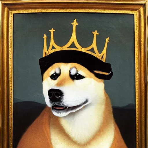 Image similar to renaissance oil painting, portrait of a shiba inu dog wearing a royal crown